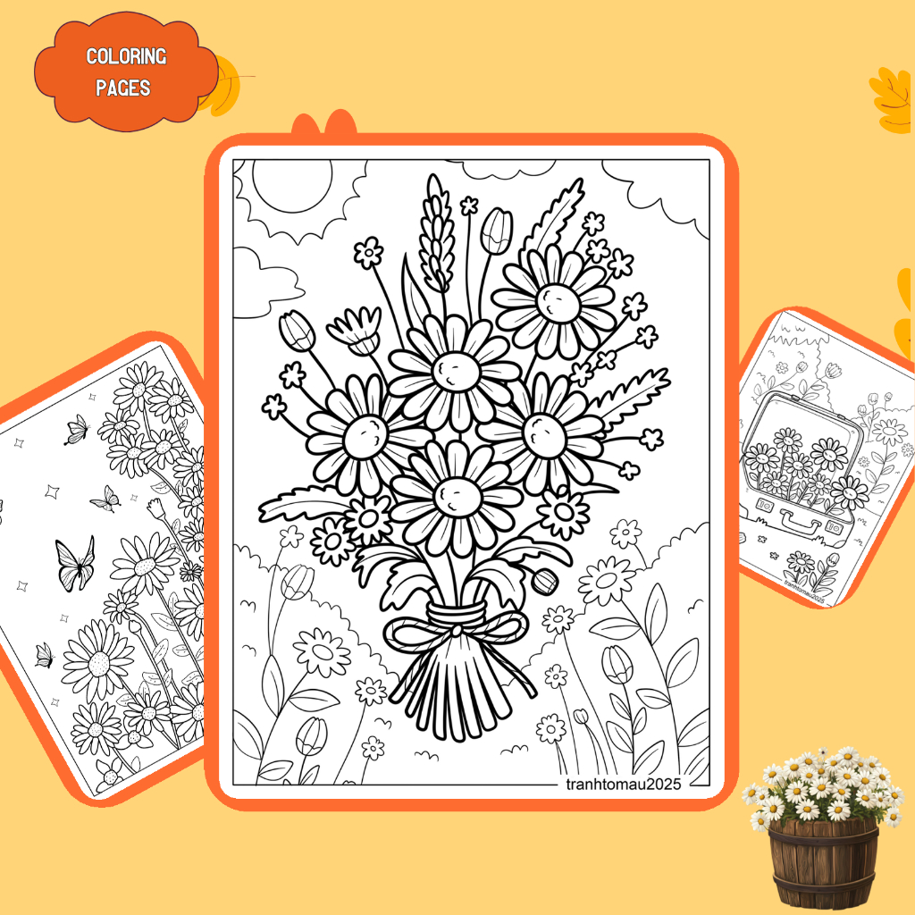 Bộ 50/25/10 tờ tranh tô màu, tranh tập tô cho bé, hình hoa cúc Daisy, giấy A4, A5 dày 160gsm DS286D