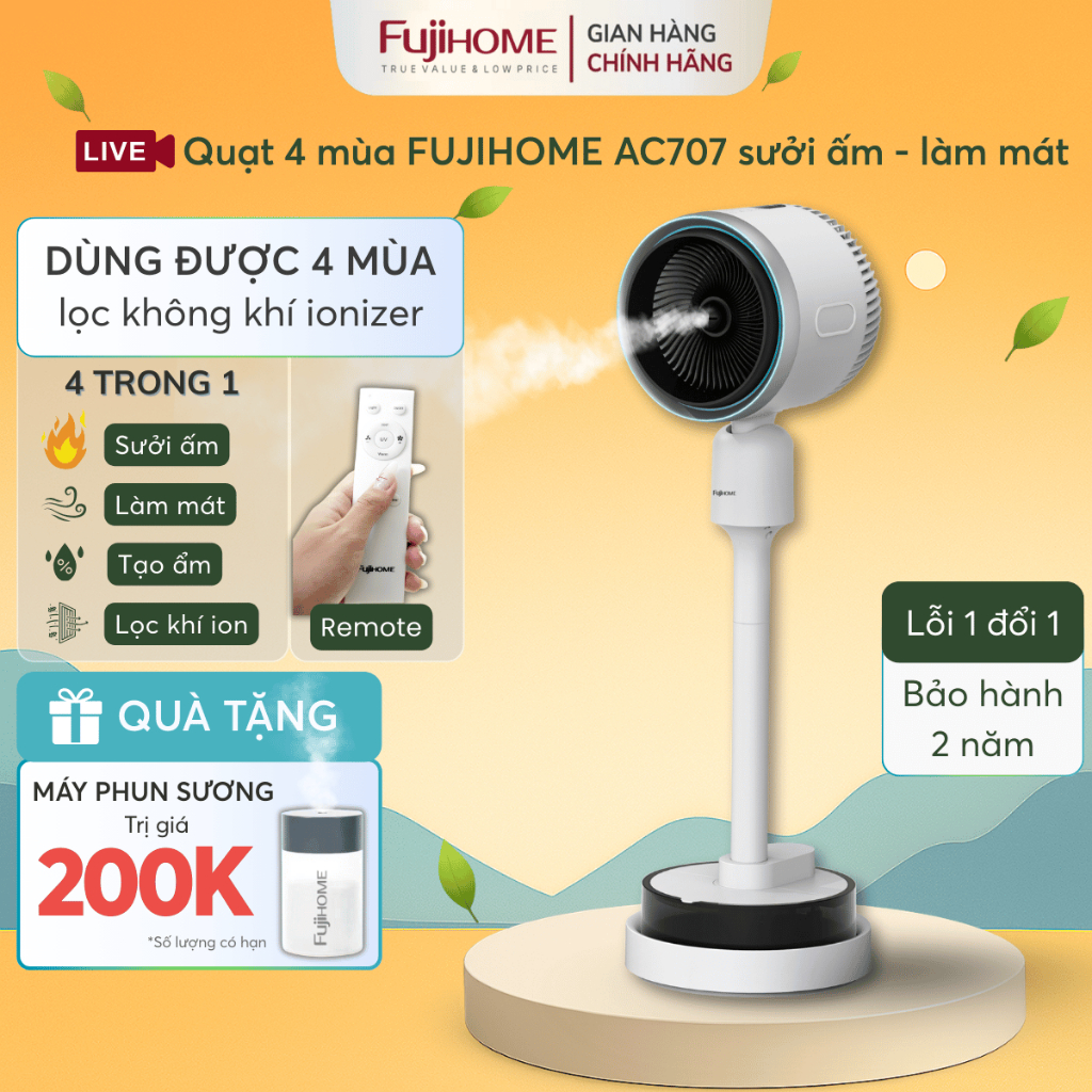 Quạt 4 mùa làm mát sưởi ấm Nhập Khẩu FUJIHOME AC707, Quạt điện phun sương có tạo ẩm lọc không khí