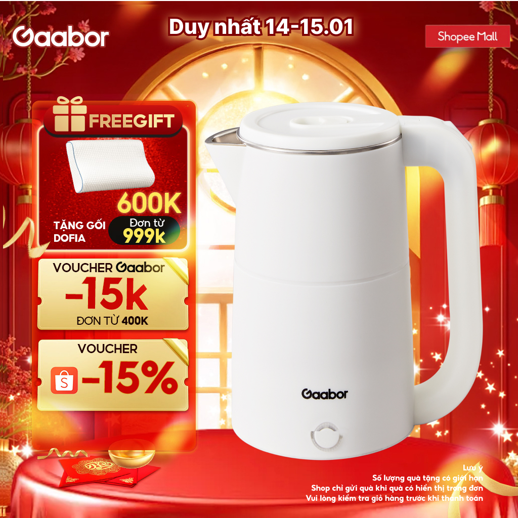 Ấm siêu tốc Gaabor GK-S22G/EK20M-WH02A bình đun dung tích lớn 2L đun sôi nhanh