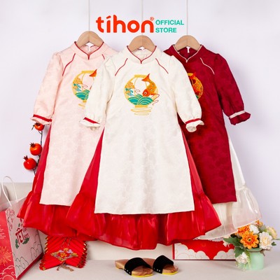 Áo dài bé gái TIHON cao cấp chất gấm mềm phối cùng chân váy họa tiết thêu SET755117