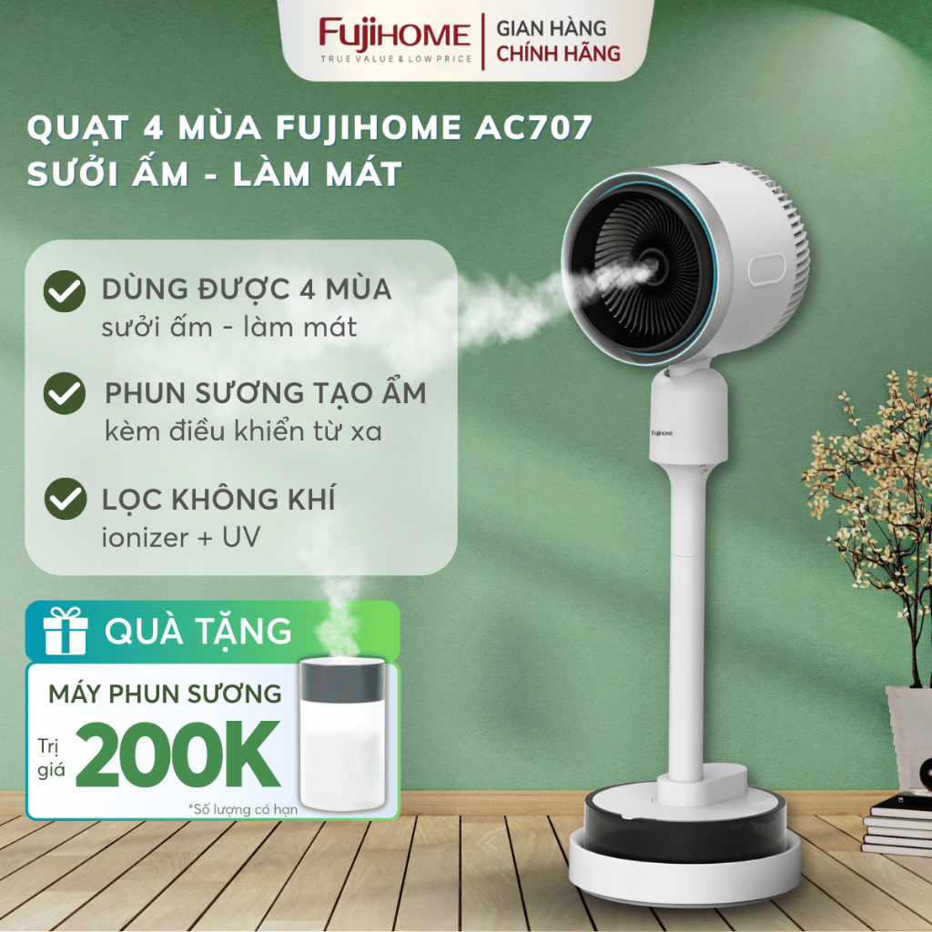 Quạt 4 mùa sưởi ấm làm mát FUJIHOME AC707 phun sương tạo ẩm, quạt điện lọc không khí
