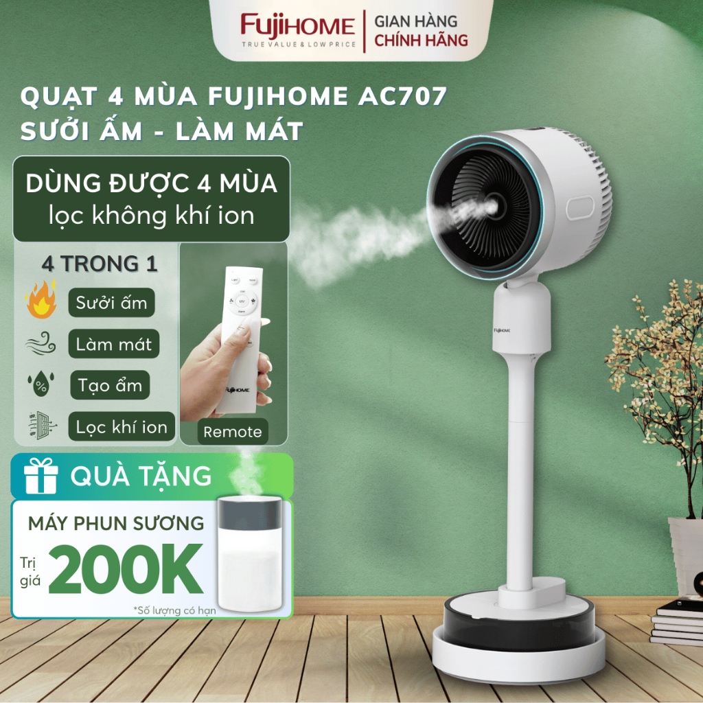 Quạt sưởi ấm làm mát bốn mùa FUJIHOME AC707, Quạt điện lọc không khí tạo ẩm tiết kiệm điện