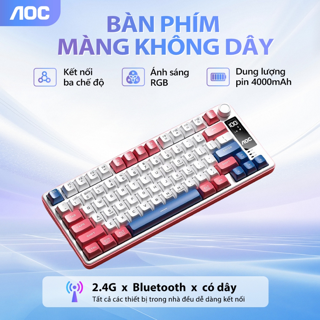 Bàn phím không dây gaming AOC GK300 3 chế độ, LED RGB, Pin 4000mAh, 77 phím gõ êm chống ồn - AOC bảo