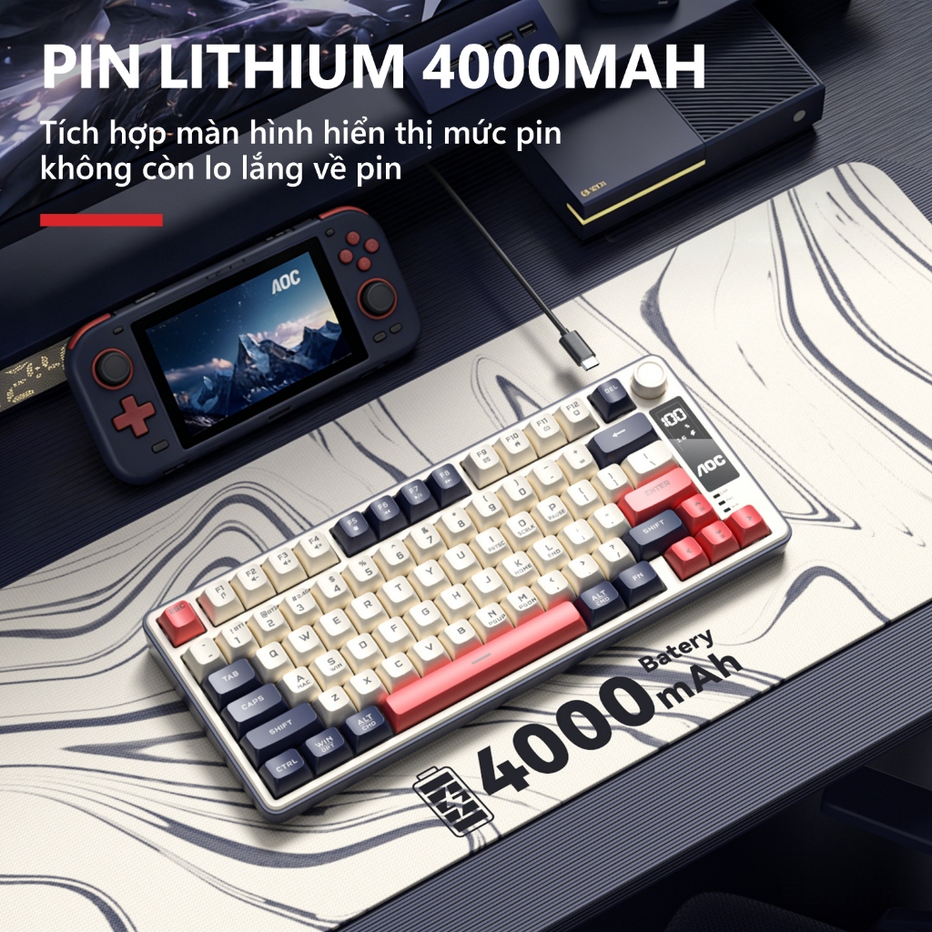 Bàn phím không dây gaming AOC GK300 3 chế độ, LED RGB, Pin 4000mAh, 77 phím gõ êm chống ồn - AOC bảo hành 1 năm | BigBuy360 - bigbuy360.vn