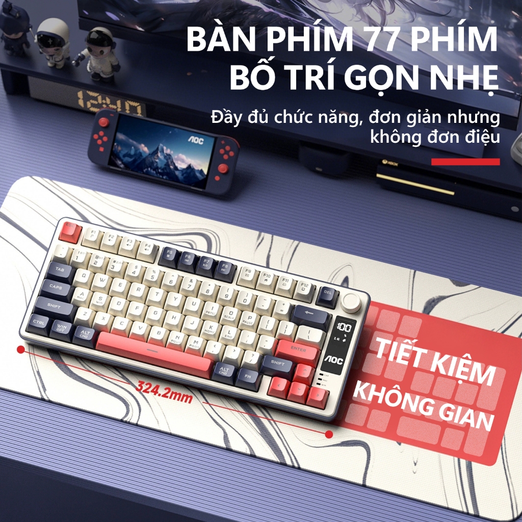 Bàn phím không dây gaming AOC GK300 3 chế độ, LED RGB, Pin 4000mAh, 77 phím gõ êm chống ồn - AOC bảo hành 1 năm | BigBuy360 - bigbuy360.vn