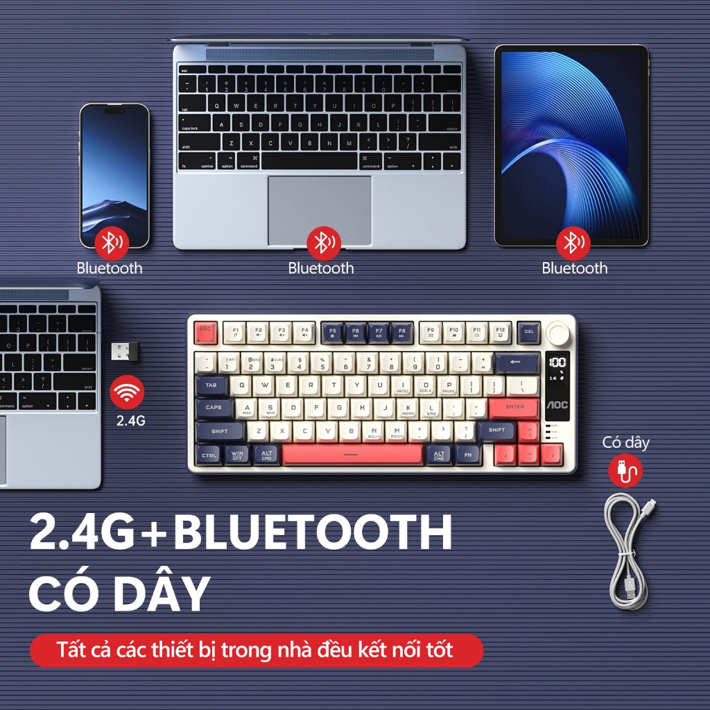 Bàn phím không dây gaming AOC GK300 3 chế độ, LED RGB, Pin 4000mAh, 77 phím gõ êm chống ồn - AOC bảo hành 1 năm | BigBuy360 - bigbuy360.vn