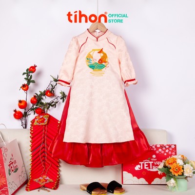 Áo Dài Gấm Cho Bé Gái TIHON Áo Dài Cách Tân Họa Tiết Thêu Kèm Chân Váy Màu Đỏ, Hồng, Be SET0755117