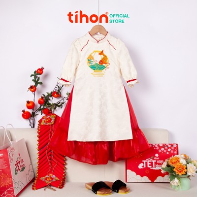 Áo Dài Gấm Cho Bé Gái TIHON Áo Dài Cách Tân Họa Tiết Thêu Kèm Chân Váy Màu Be, Đỏ, Hồng SET0755117