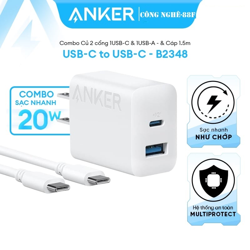 Combo Củ Sạc Nhanh 1C+1A  ANKER B2348 20W Kèm Cáp C to C dài 1.5M