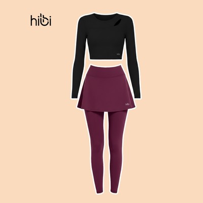 Đồ tập pilates yoga nữ Hibi Sports gồm áo croptop CR839 & quần dài liền váy SK012, kèm mút đệm áo