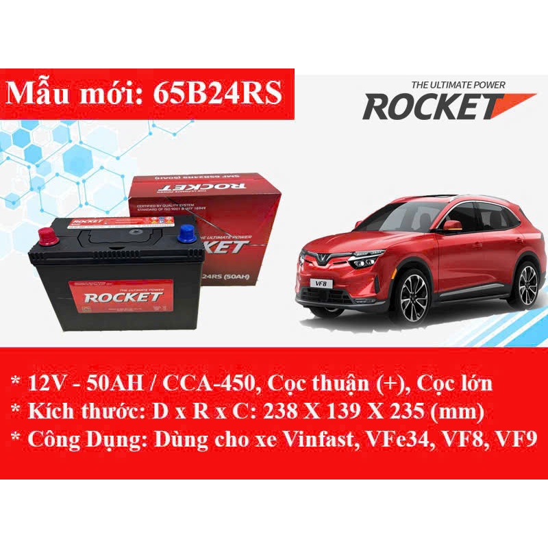 Bình ắc quy 12v khô Rocket SMF65B24RS 50ah, cho xe điện vinfat vf8, vf9, vf6, vf7, vf5, vfe34