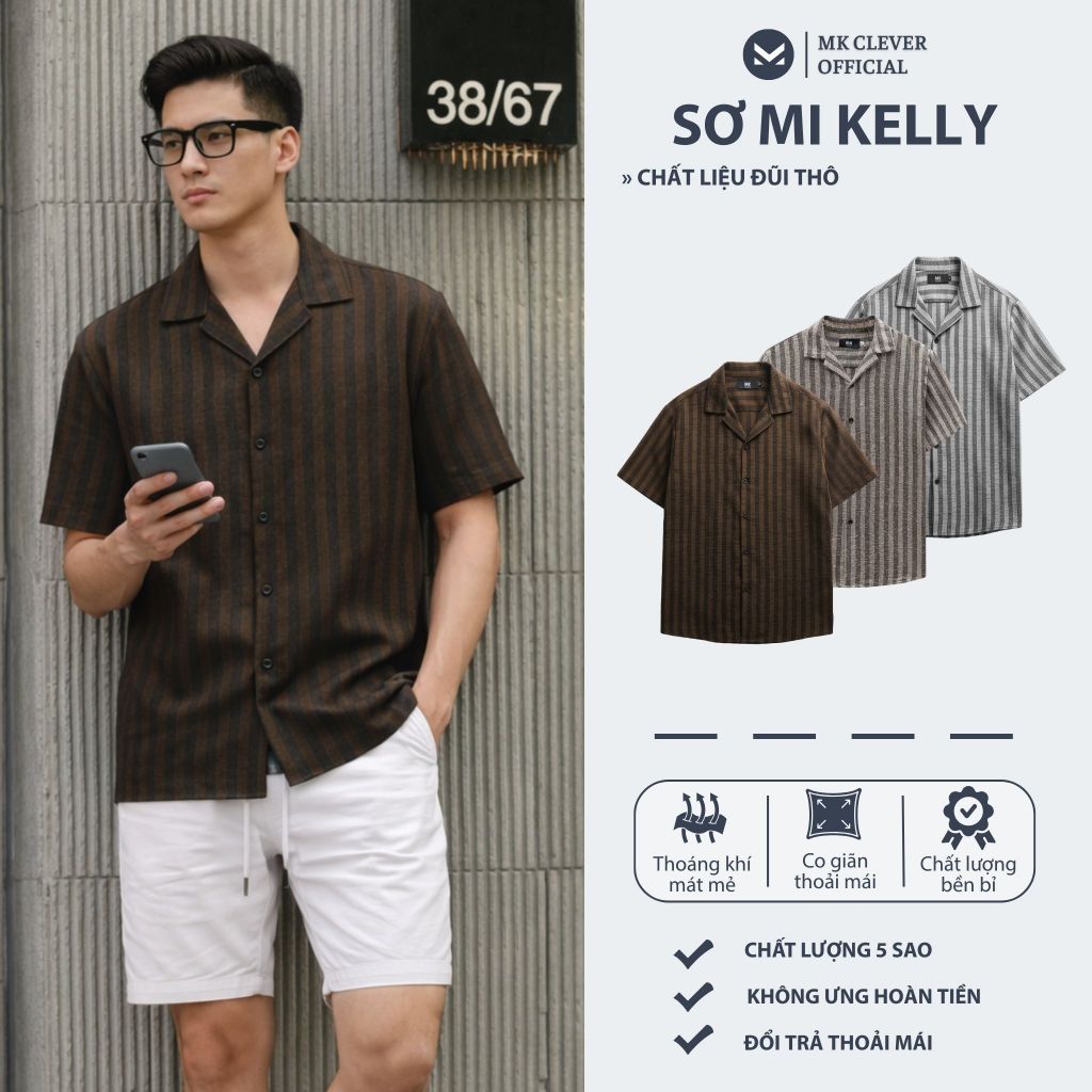 Áo Sơ Mi Kẻ Sọc Nam Kelly MK CLEVER Chất Đũi thô mềm mịn thoáng mát, chống nhăn, form rộng hằng ngày