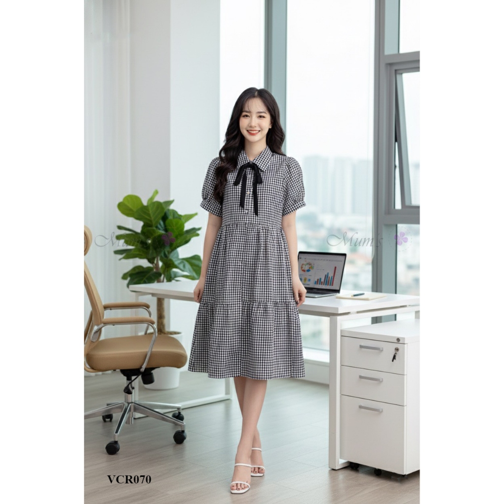 ĐẦM BẦU CÔNG SỞ MUM'S SHOP VCR070 Váy bầu xinh mùa hè caro đen trắng cổ đức
