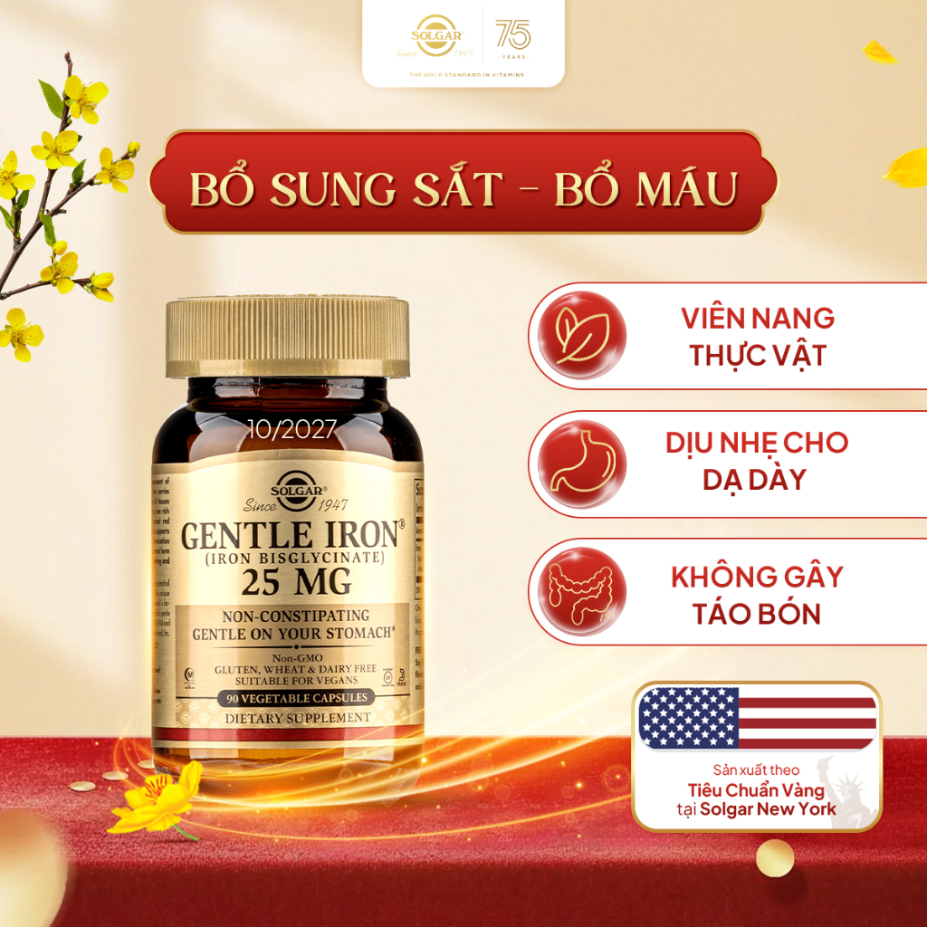 [HSD 4/2028] Viên Uống Solgar Gentle Iron 90 viên - Bổ Sung Sắt, Tăng Hồng Cầu, Bổ Máu,Hỗ Trợ Sức Khỏe Phụ Nữ Mang Thai