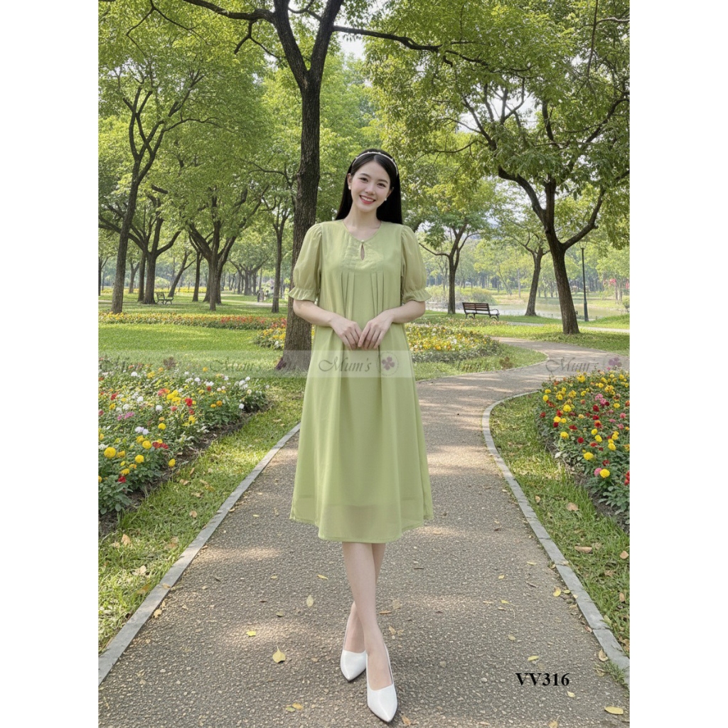 Váy bầu thiết kế Mum's shop VV316 tơ xanh cốm cổ tròn mềm mại, mát nhẹ