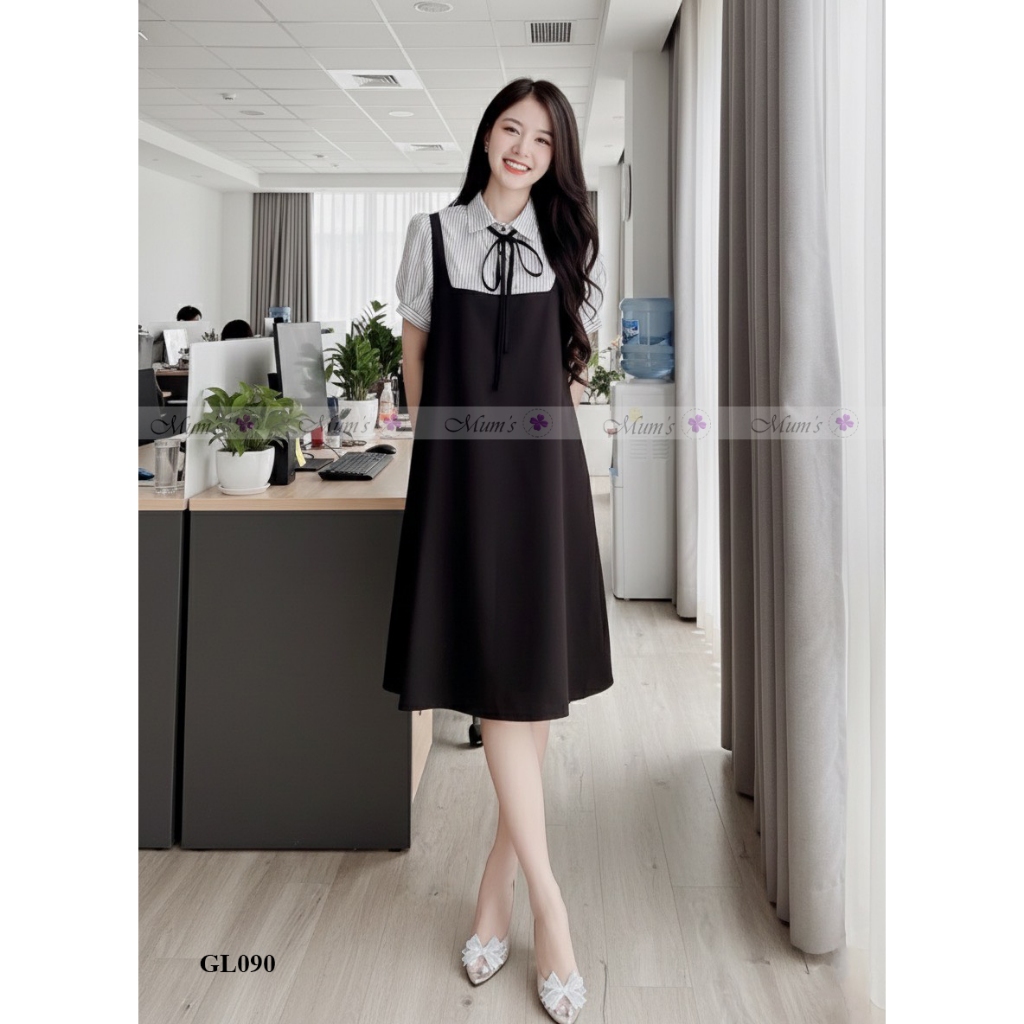 Váy xinh công sở Mum's Shop GL090 váy yếm liền sang trọng , CỘC TAY nhẹ nhàng, thanh lịch cho mẹ bầu