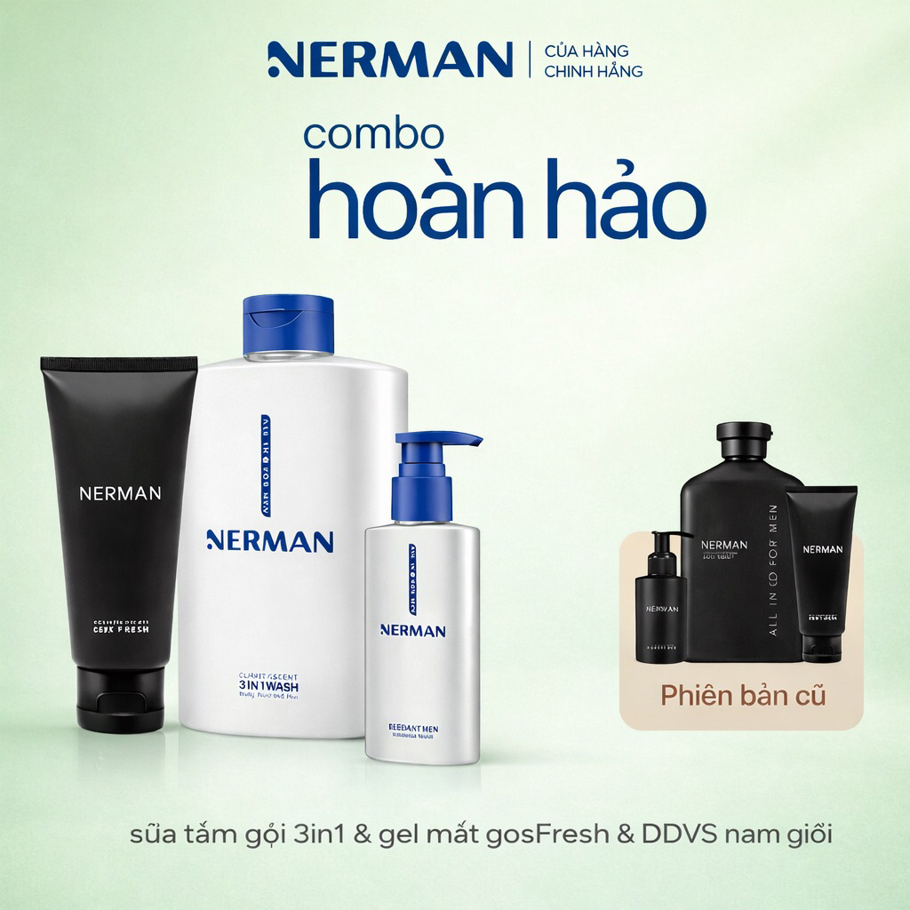 Bộ Combo Nerman Hoàn Hảo Cho Nam: Sữa Tắm Gội 350ml, Gel Rửa Mặt Fresh 100ml, DDVS Nam 100ml.