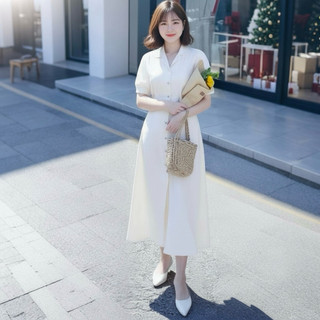 Đầm sơ mi váy midi màu trắng form dài thắt eo thanh lịch (kèm hình thật)