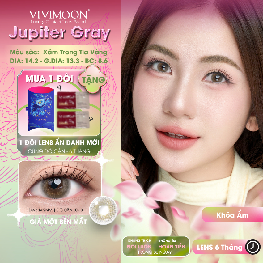 VIVIMOON lens cận khóa ẩm với công nghệ MPC cao cấp, kính áp tròng Jupiter Gray màu xám trong sử dụn
