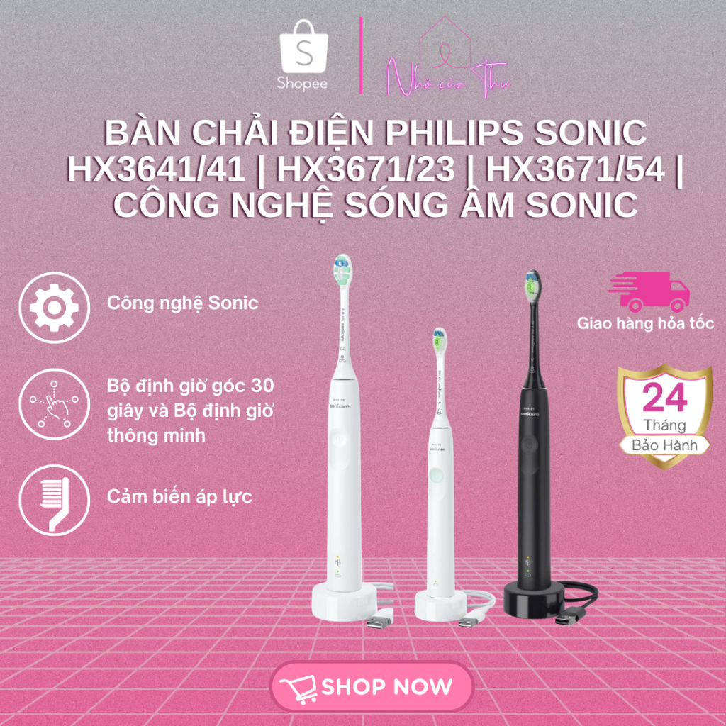 Bàn chải điện Philips Sonic HX3641/41 | HX3671/23 | HX3671/54 | Công nghệ sóng âm Sonic - Bảo Hành 2