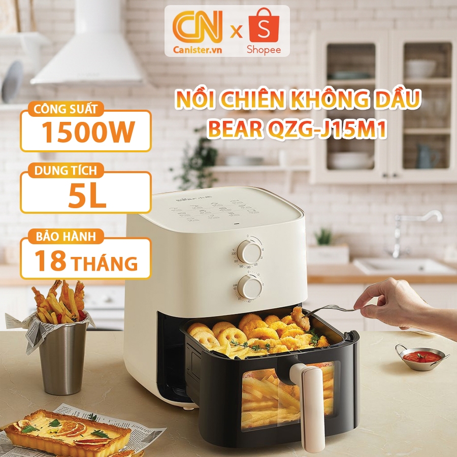 Nồi chiên không dầu 5L Bear QZG-J15M1 núm vặn cơ có cửa nhìn công nghệ nhiệt đối lưu 360