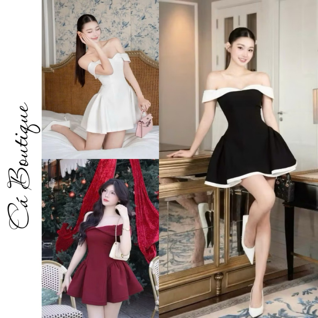 Đầm trễ vai chiết eo tà xòe “TRỄ VAI CÔNG CHÚA ” sang chảnh tôn dáng Faw Dress Cá Boutique