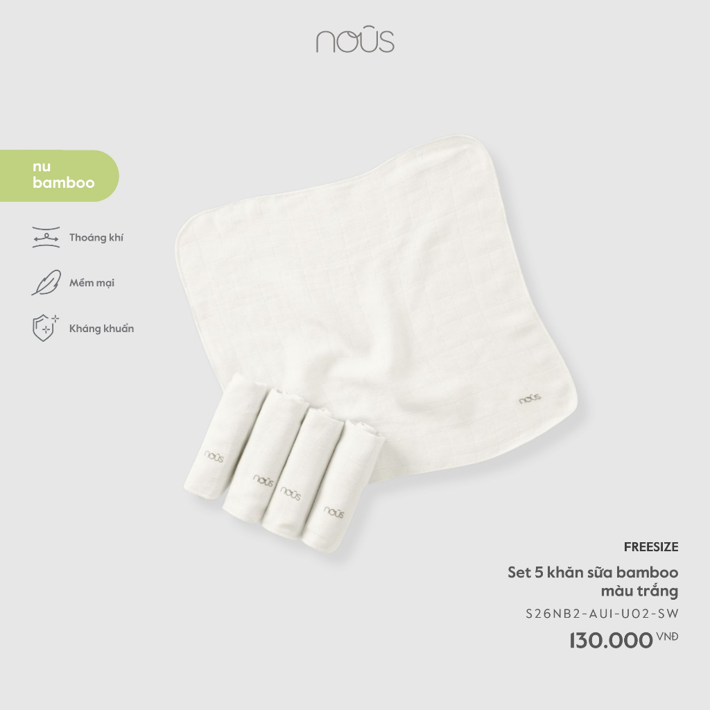 Phụ Kiện Nous Newborn Set 5 khăn sữa bamboo kháng khuẩn thấm hút cho bé sơ sinh BST T3
