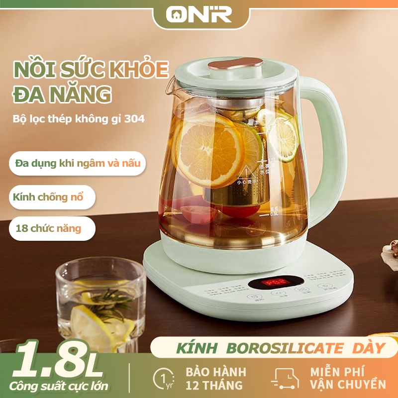 Ấm Siêu Tốc 1.8L, ONR, 18 Chức Năng, Ấm Đun Nước Điện Thủy Tinh Bình 800W, Hàng Chính Hãng