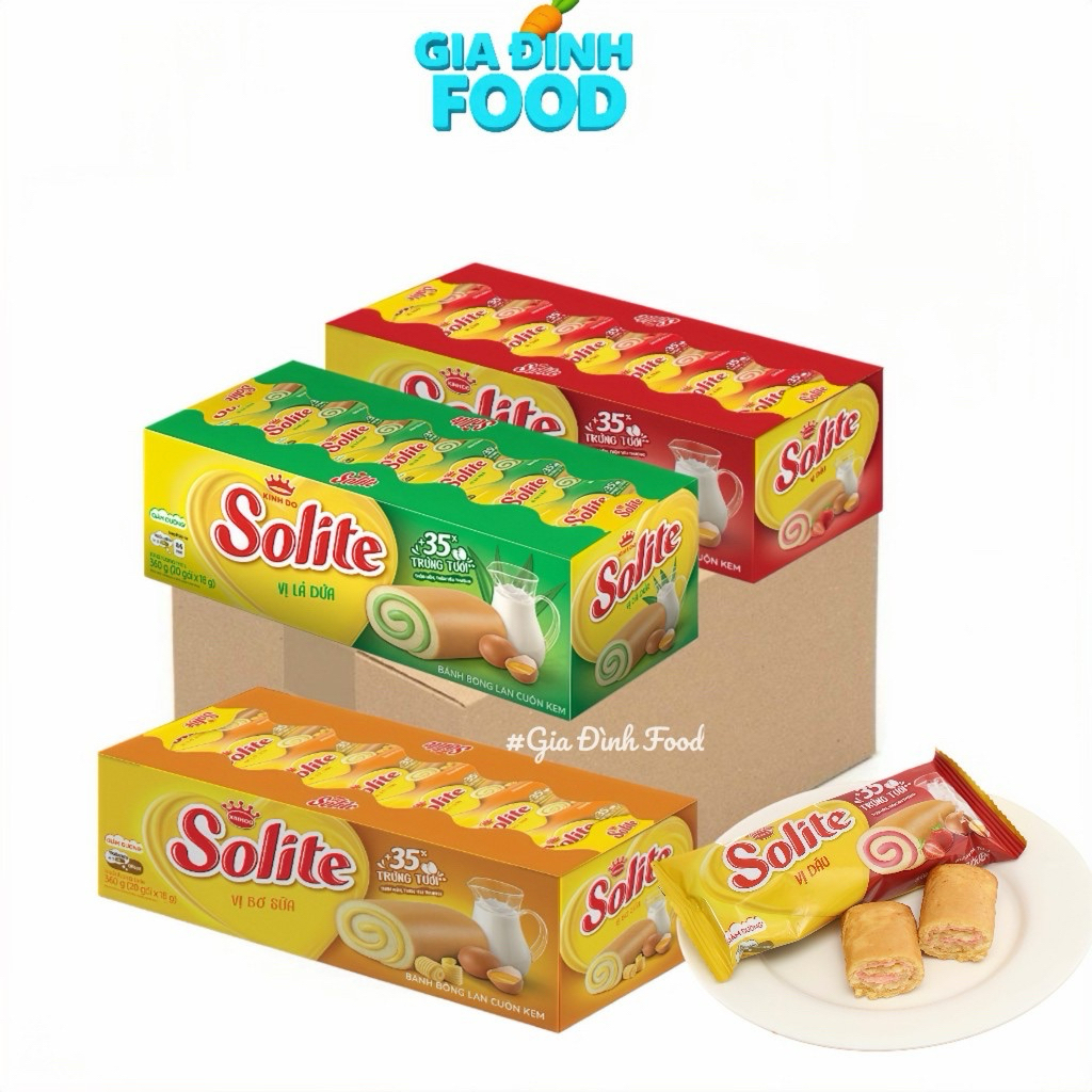 THÙNG x12 Hộp Bánh cuộn Solite lá dứa/ Bơ sữa/ Dâu 324g - 18 Gói/ hộp