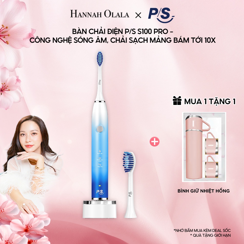 [HANNAH OLALA] Bàn Chải Điện P/S S100 PRO - Công Nghệ Sóng Âm, Chải Sạch Mảng Bám Tới 10X