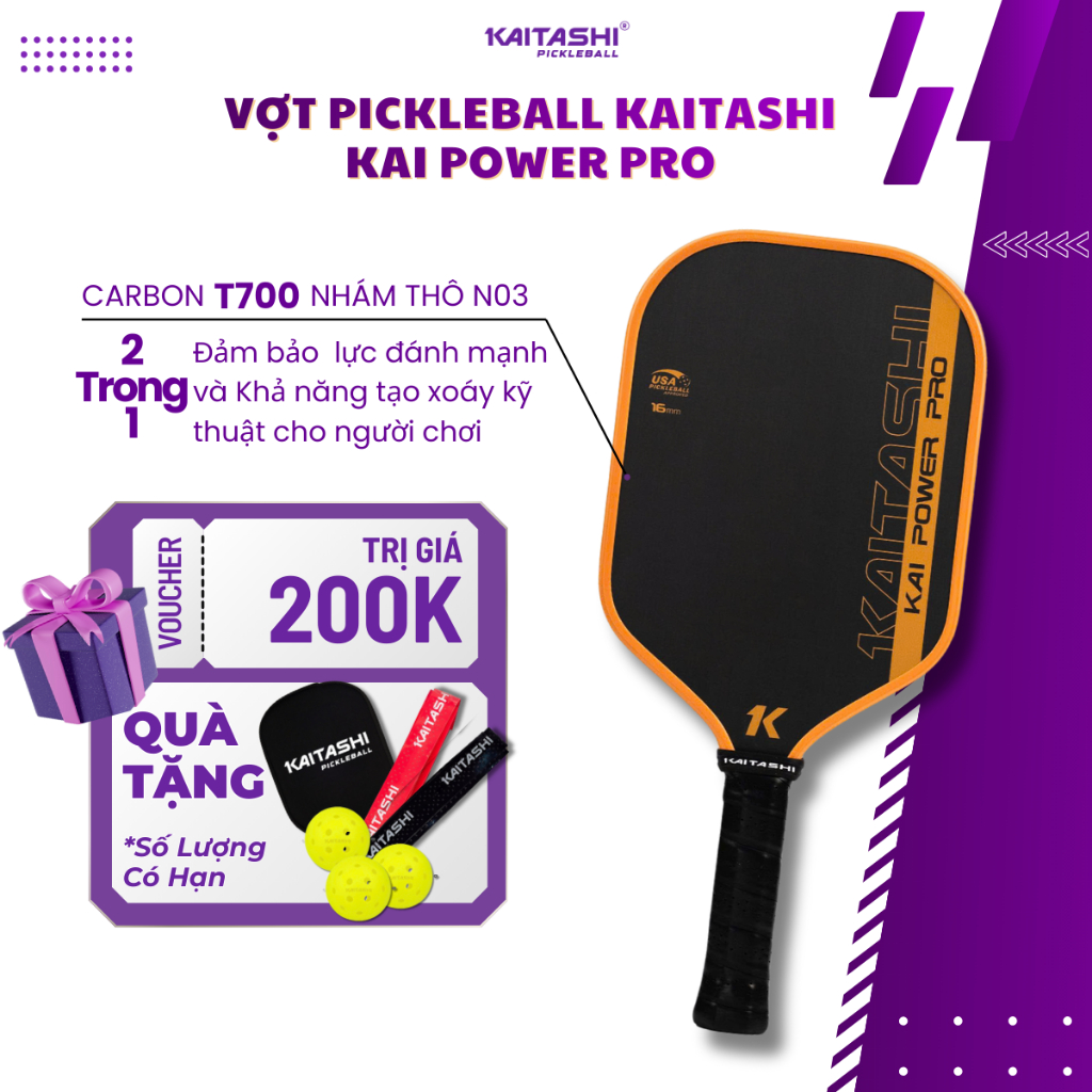 Vợt Pickleball Kaitashi Kai Power Pro 16mm Carbon T700 Nhám Thô - Tạo Xoáy - Kiểm Soát Tốt
