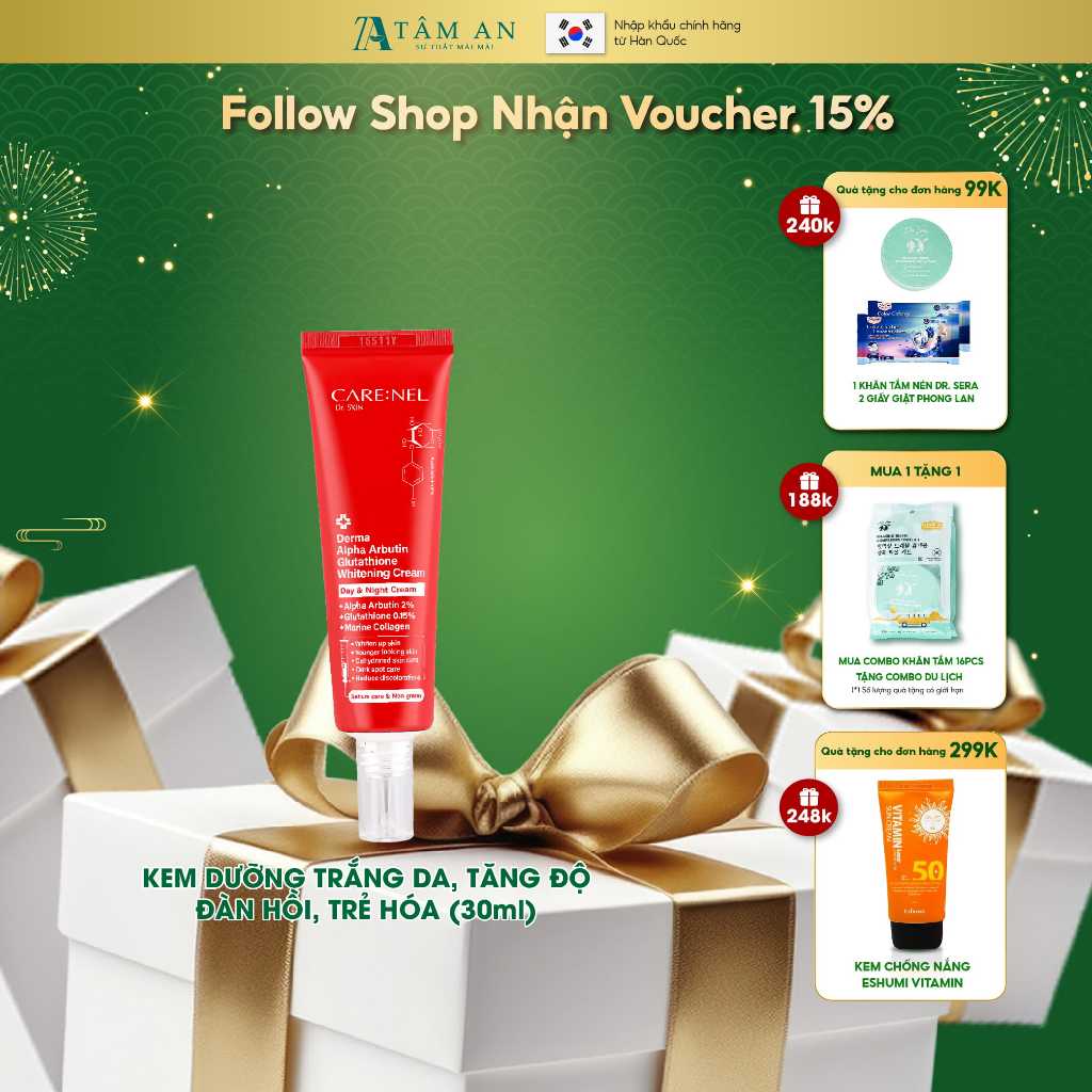 Kem dưỡng trắng glutathione kích trắng CARE:NEL DERMA ALPHA ARBUTIN GLUTATHIONE WHITENING CREAM 45g