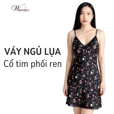Đồ ngủ nữ WANNABE vày ngủ lụa mango mịn hai dây cổ tim viền ren mềm nền hoa xinh xắn trẻ trung DNS74