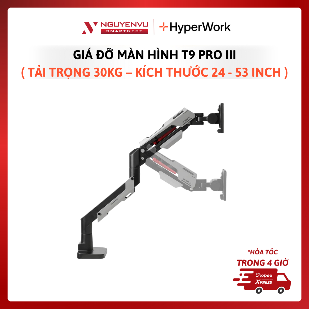 Giá đỡ màn hình Hyperwork T9 PRO III – Tải trọng 30Kg – Hỗ trợ màn hình 24-53 inch | BẢO HÀNH 12 THÁ