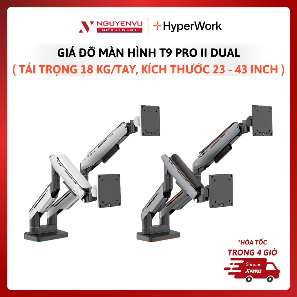 Giá đỡ màn hình Human Motion T9 Pro II Dual - Arm hỗ trợ 23 - 43 inch, Tải trọng 18 kg mỗi bên | BẢO