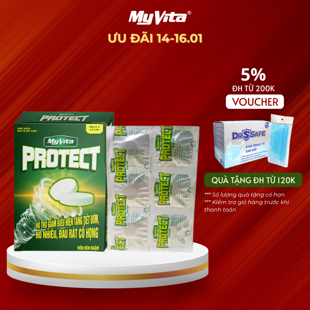 Viên ngậm thảo dược bổ phế, giảm ho và đau họng TPBVSK MyVita Protect hộp 30 viên