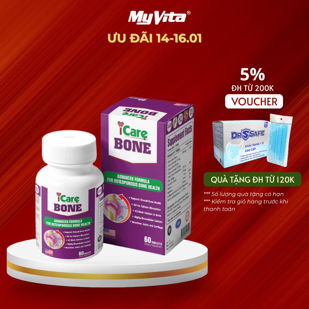 Viên uống Canxi Nano ngừa loãng xương, thoái hóa khớp TPBVSK MyVita ICare Bone hộp 60 viên