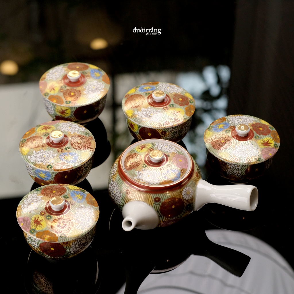 Bộ ấm trà và ly trà Kutani Tokoname Hanazume có nắp - Ấm 400ml/ Ly D8.5cm - AP7-0538