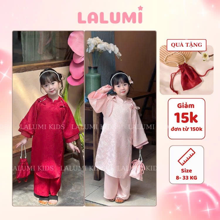 [TẶNG TÚI] Set Áo dài cách tân Thiên Dao cho bé gái và mẹ vải gấm tay cánh tiên tặng kèm túi gấm LALUMI KIDS