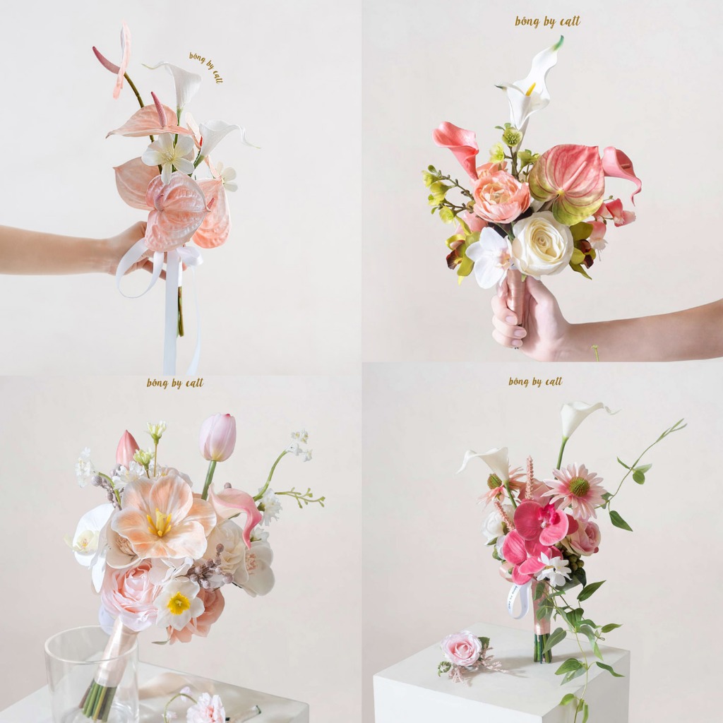 Hoa cưới cầm tay cô dâu tone CAM ĐÀO - Bó hoa cưới giả, hoa cưới lụa cầm tay cô dâu BÔNG BY CATT