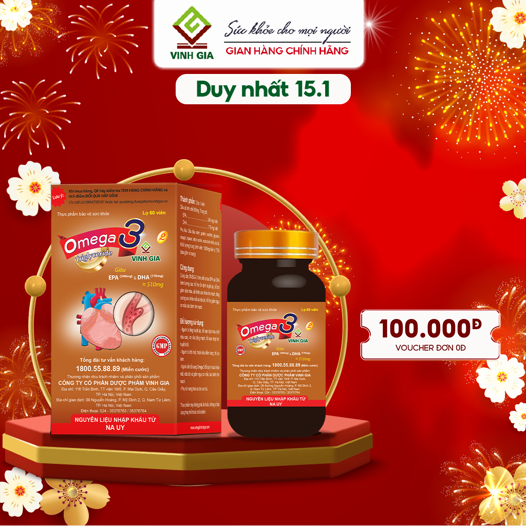 Omega 3 Vinh Gia 2 Giàu EPA Hơn, Giúp hỗ trợ Sức Khỏe Tim Mạch Cho Người Trung-Cao Tuổi (60v/H)