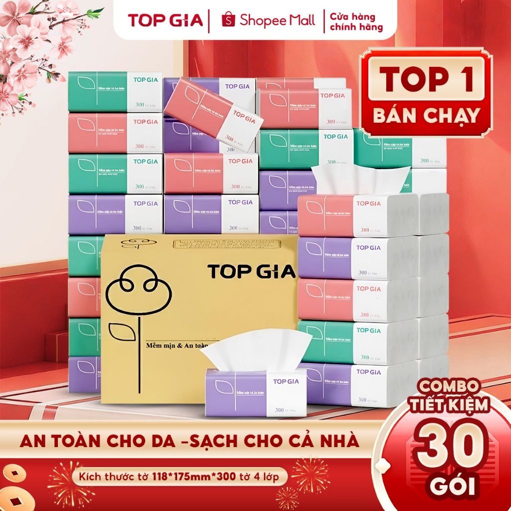 Giấy ăn rút Top Gia, thùng 30 gói/16 gói/46 gói 4 lớp cao cấp tiện lợi