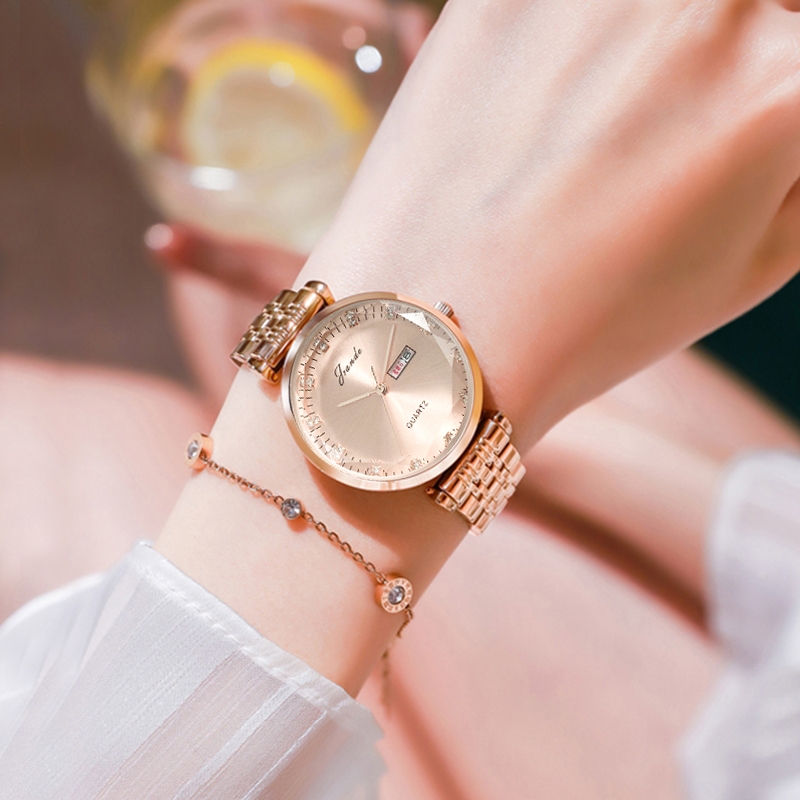 Đồng hồ nữ Jrande 7149 mặt vàng hồng cắt lát, dây kim loại