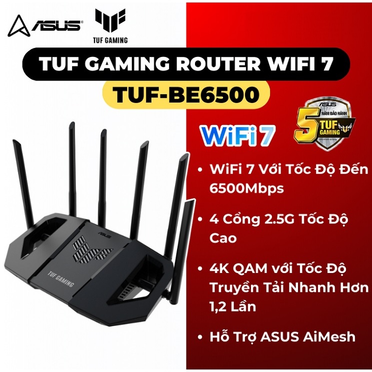 Bộ phát wifi 7 Asus TUF-BE6500 (Chuẩn BE/ BE6500Mbps/ 6 Ăng-ten ngoài/ Wifi Mesh/ 45User)