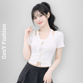 Áo kiểu nữ croptop GenY cổ yếm phối khoen đính kèm 2 khoen trước ngực cực xinh chất vải thun gân C24
