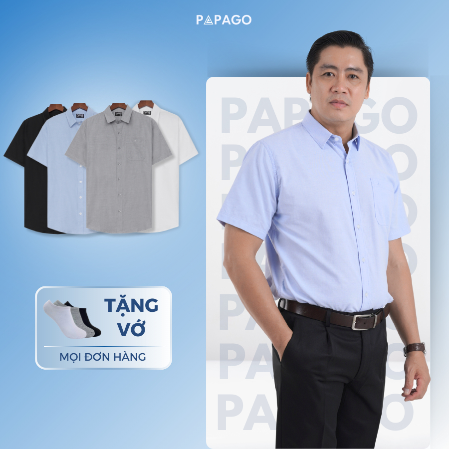 Áo Sơ Mi Nam Trung Niên PAPAGO Tay Ngắn Vải Oxford Dày Dặn Vạt Bầu - P24SNCT001