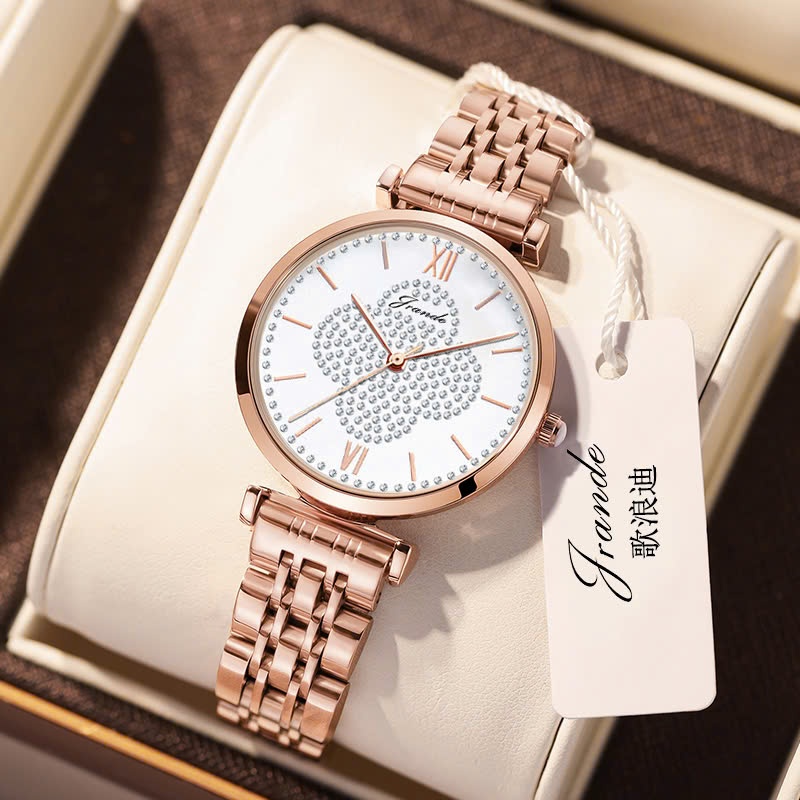 Đồng hồ nữ Jrande 7185 mặt đính đá hình hoa, dây kim loại