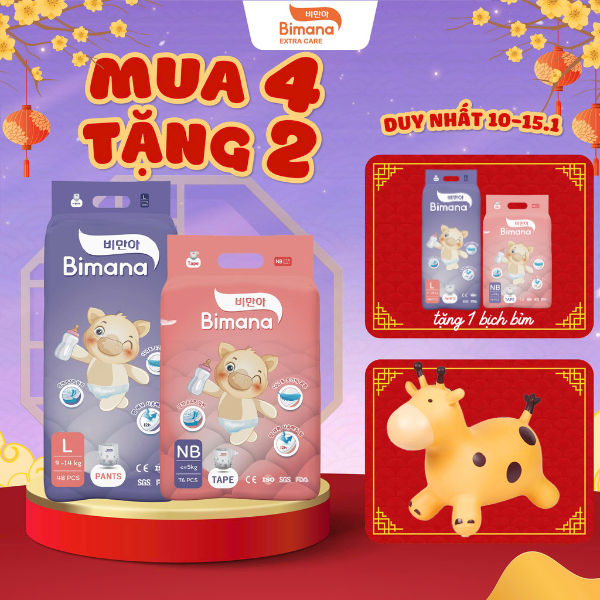[5B] - [MUA 4 TẶNG 1 BỊCH] - Tã Bỉm Dán/ Quần BIMANA Hàn Quốc Mỏng Thoáng Thấm Hút Tốt, Đủ Size