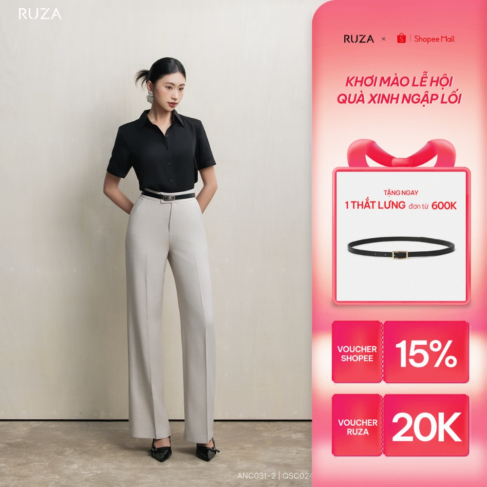 Quần tây suông nữ RUZA màu xám bố thun dày dặn công sở sang trọng QSC024