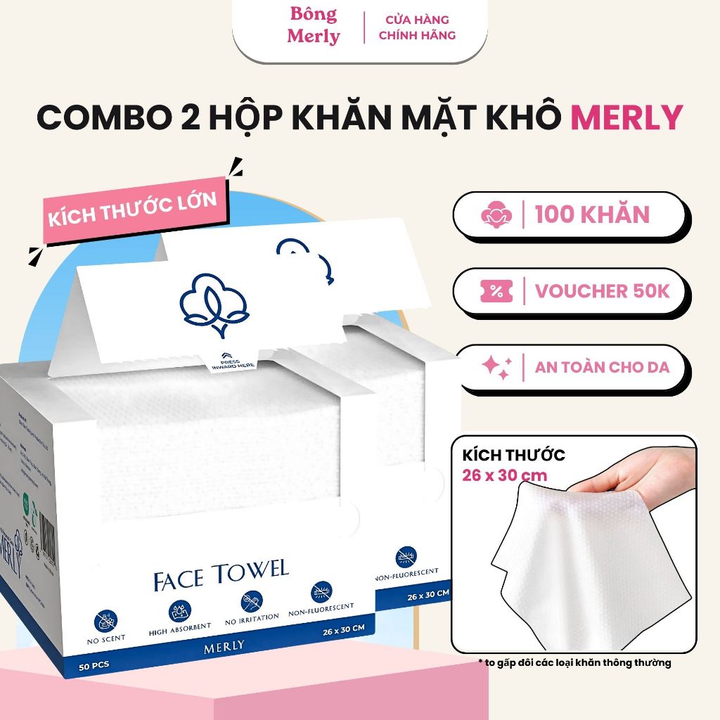 Khăn mặt khô MERLY dùng 1 lần lau khô, lau ướt - Giấy lau mặt dùng một lần khổ lớn 26x30 cm